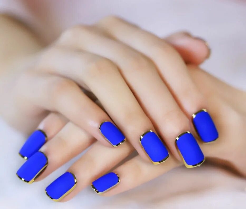 Квадрат маникюр красивые цвета 5.69US $ New Arrive 24PCS/set Matte Surface Lady False Nails Blue Color With Gol