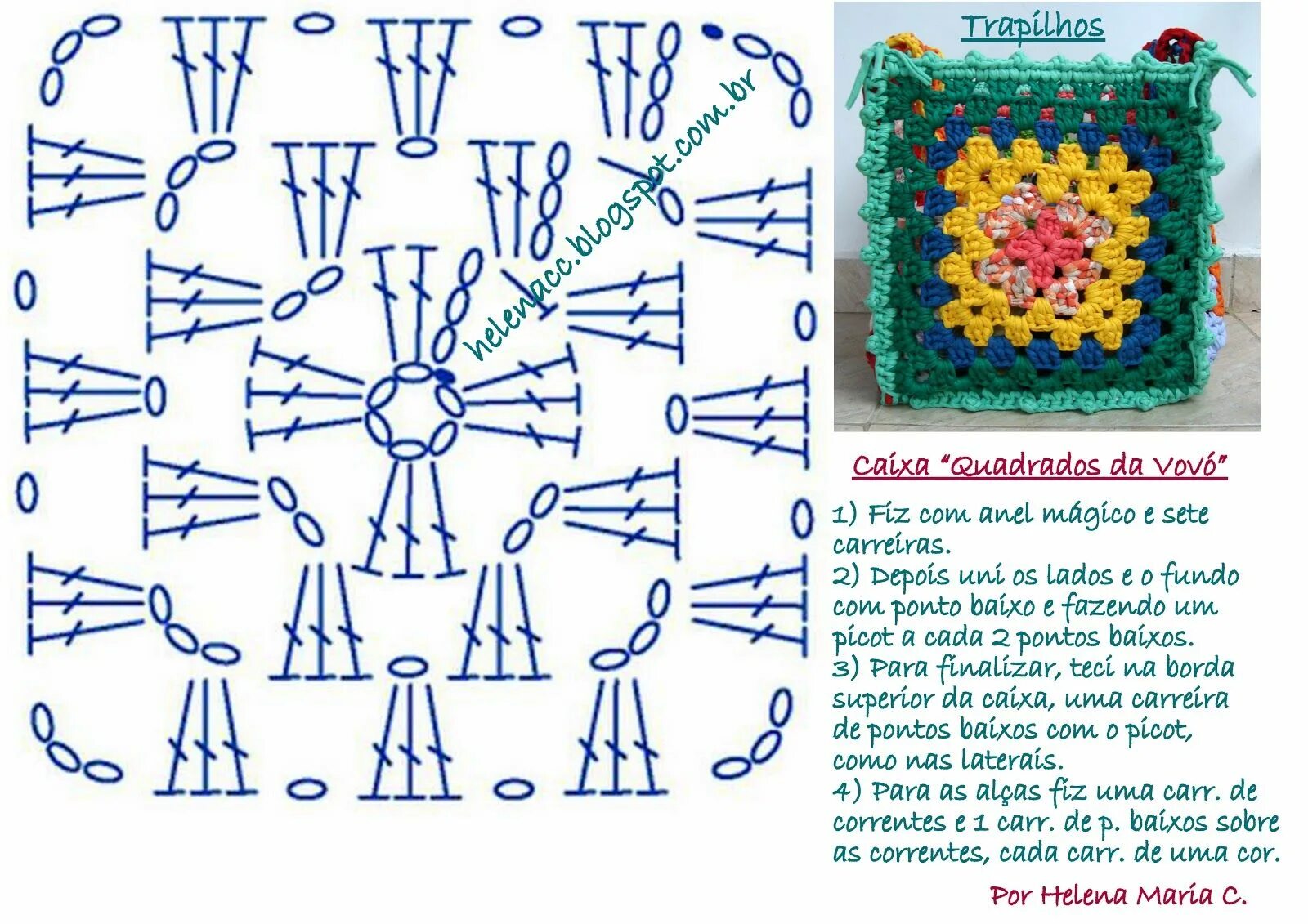 Квадрат связанный крючком схема и описание Caixa Multiuso "Quadrados da Vovó" em Trapilho Бабушкин квадрат, Квадраты, Ленто