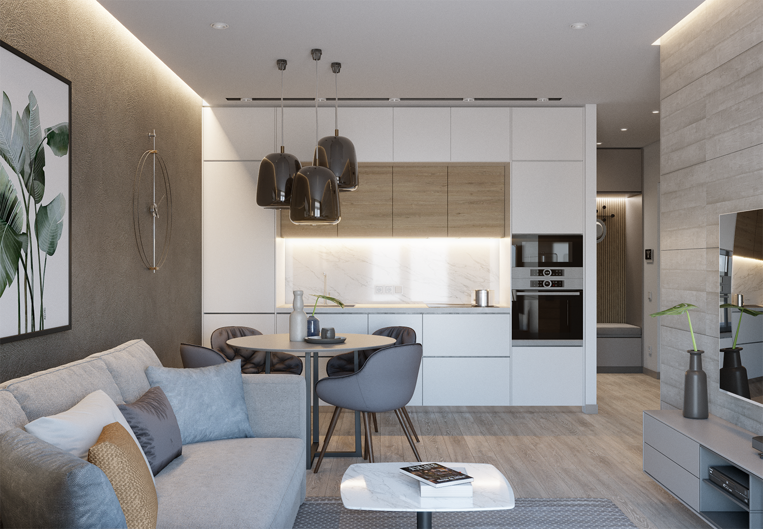 Квадратная кухня гостиная планировка 15 кв м Gray interior apartment :: Behance