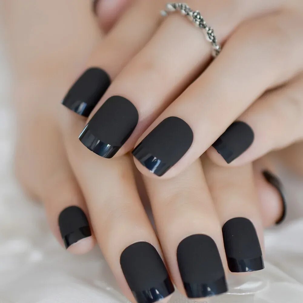 Квадратные черные ногти фото 24pcs Dark Matte French Nails Full Frame Dark False Nail Tips Full Cover Frosted