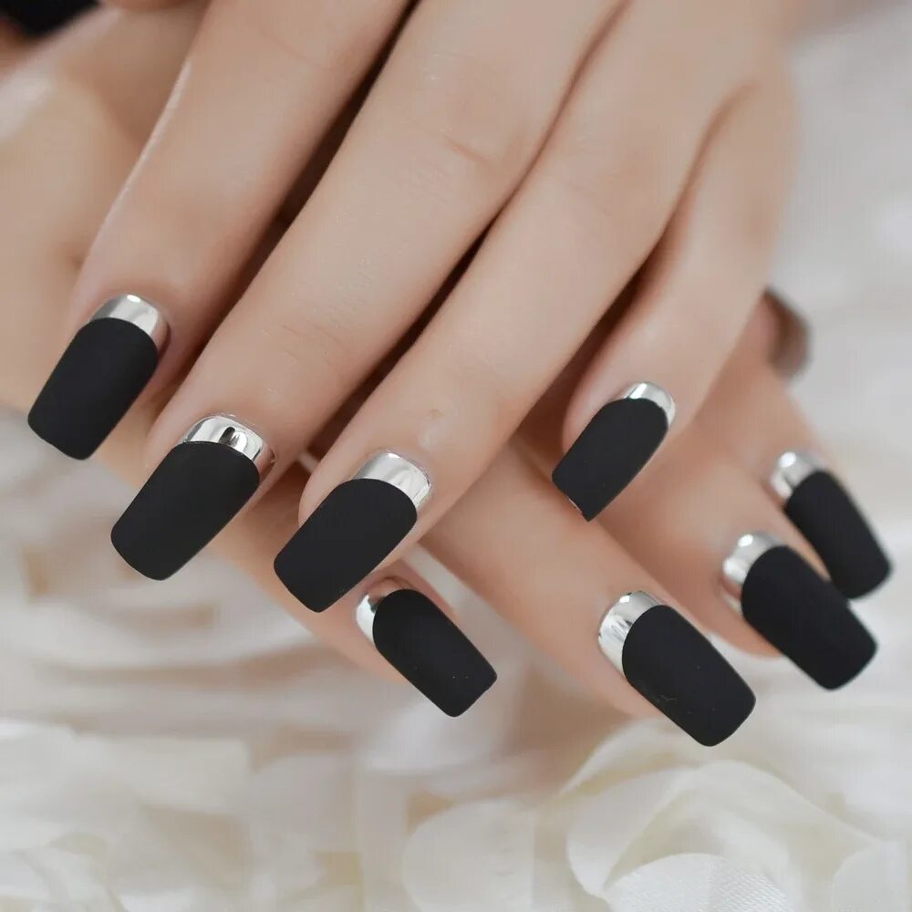 Квадратные черные ногти фото Medium Long Matte Classical Adult Fake Nails French Black Square Silver Pre-desi