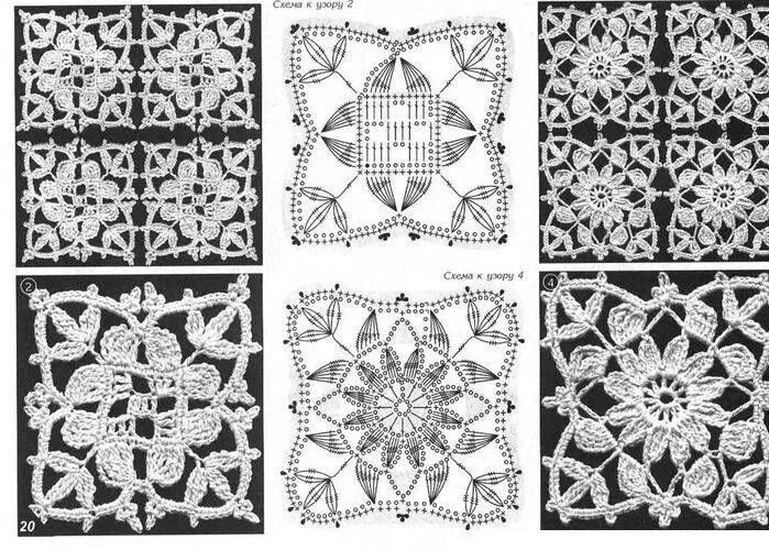 Квадратные мотивы крючком фото схемы Ажурные мотивы. Печворк Crochet diagram, Crochet doily patterns, Crochet chart