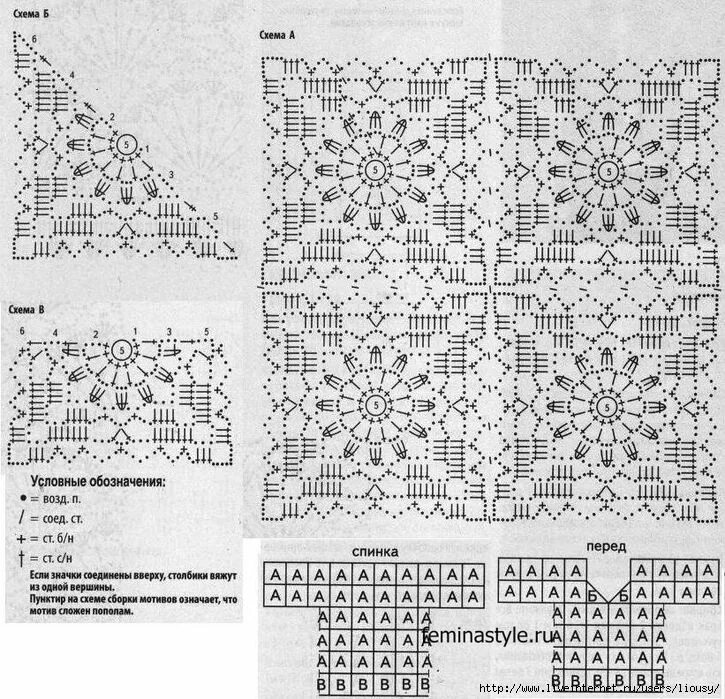 Квадратные мотивы крючком со схемами для кардигана Summer delicate blouse, crocheted. Discussion on LiveInternet - Russian Service 