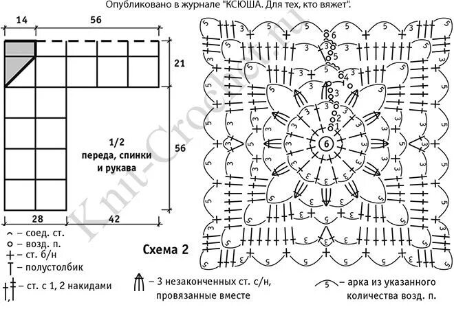 Квадратные мотивы крючком со схемами для кардигана Model, modele de circuit cu o descriere a dimensiunii croșetat tunica femei 52-5