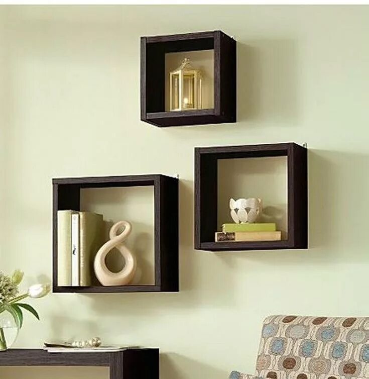 Квадратные полки на стену в интерьере Cube Shelves Wall - Floating Wall Cube Box Shelf Shelves Light Oak Dark Walnut S