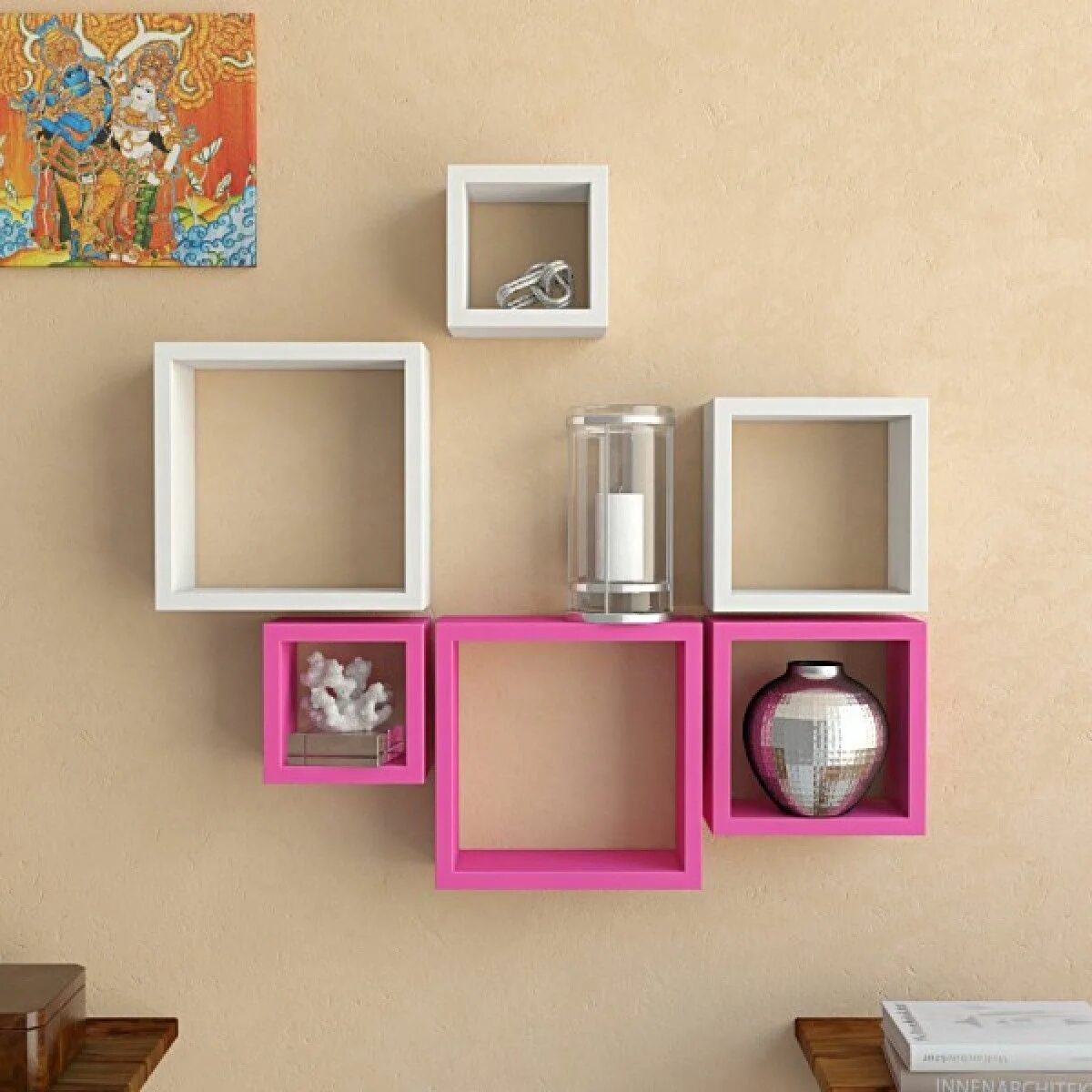 Квадратные полки на стену в интерьере Desi Karigar Wall Mount Shelves Square Shape Set of 6 Wall Shelves - Pink &. Wal