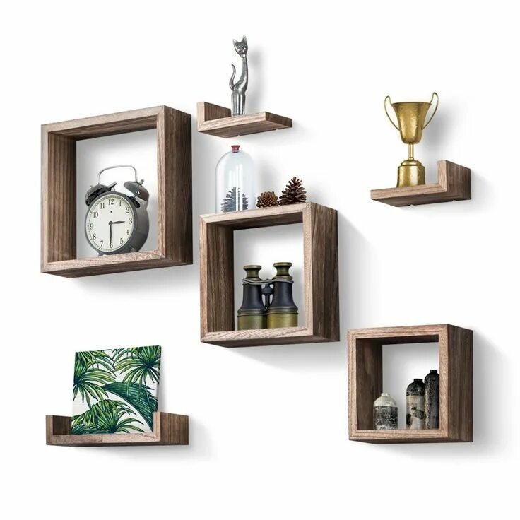 Квадратные полки на стену в интерьере Love-KANKEI Floating Shelves Wall Mounted Set of 6 Rustic Wood Shelves Free Grou