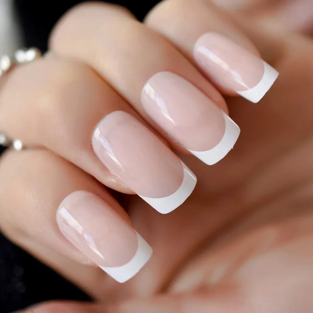 Квадратный французский маникюр фото Natural Beige Nude Square Shape Nail White French Fake Nails Full Cover Manicure