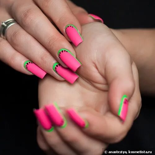 Квадратный маникюр дизайн яркий Дизайн ногтей "neon watermelon" (неоновый арбуз) с лаками El Corazon Matte Effec