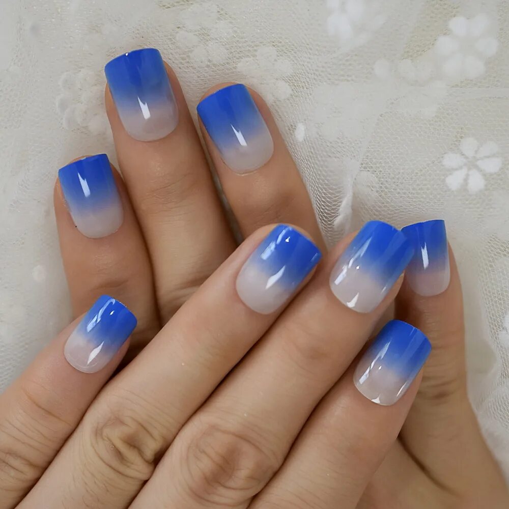 Квадратный маникюр омбре Diamond Blue French Nail Ombre Short Press On Nails Shiny Quality Square Ladies 