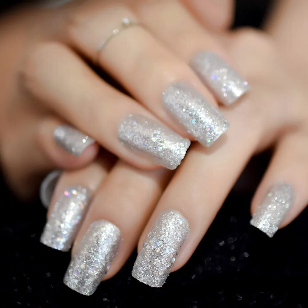 Квадратный маникюр с блестками Holo Chameleon Glitter Press On Nail Silver Bling False Fake Nail 24pcs Full Cov