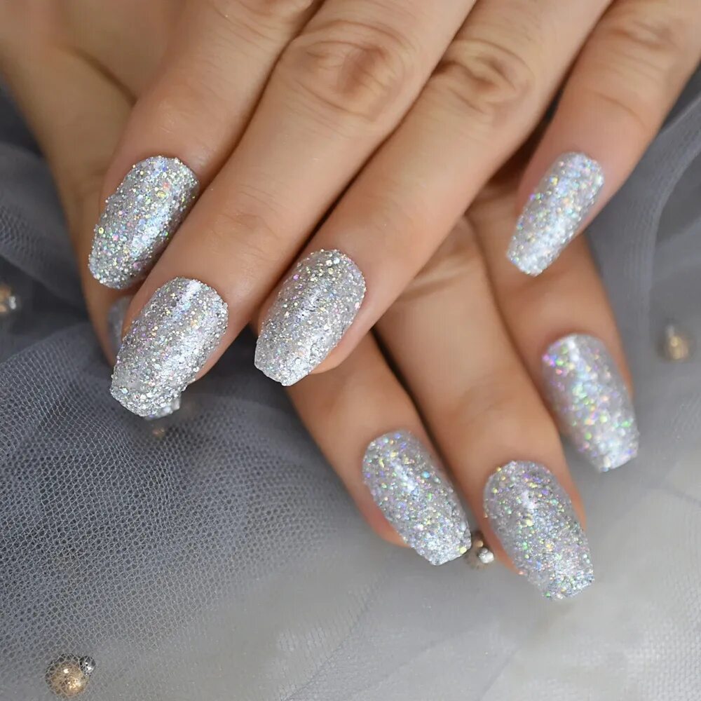 Квадратный маникюр с блестками Holo Bling Silver Glitter Coffin False Nails Pre Designs Colorful Shiny Ballerin