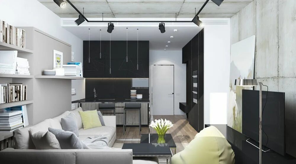 Квадратный метр дизайн студия Grayscale studio apartment Design appartamento piccolo, Design appartamenti, Int