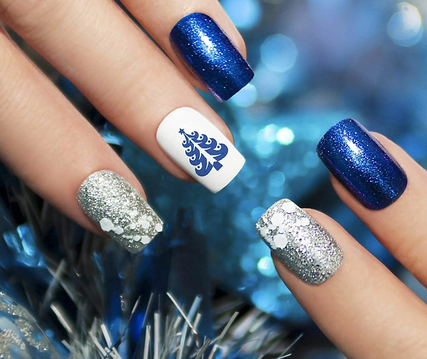 Квадратный праздничный маникюр Christmas Holiday Water Slide Nail Art Decals Blue Set #3- Salon Quality Ongles 