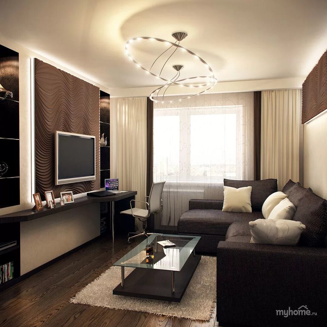 Квадратный зал фото Livingroom# маленькаягостинная# люстра Небольшие гостиные, Коричневые гостинные,