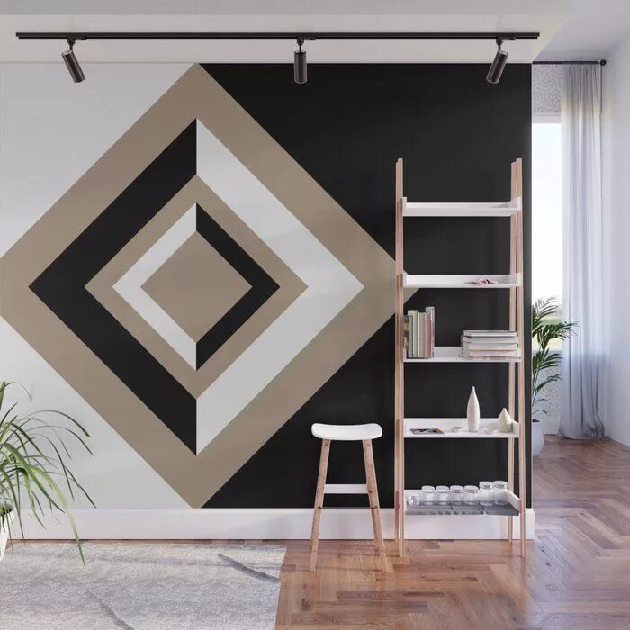 Квадраты на стене в интерьере Pantone Hazelnut Black and White Geometric Shapes, Diamond Minimal Illustration 