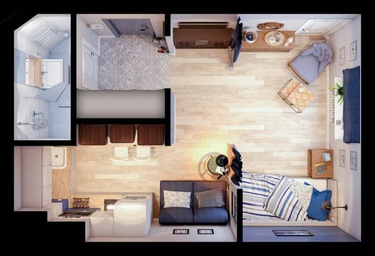 Квартира 24 кв м дизайн фото студия Decorando com azul jeans Small apartment design, Studio apartment floor plans, T