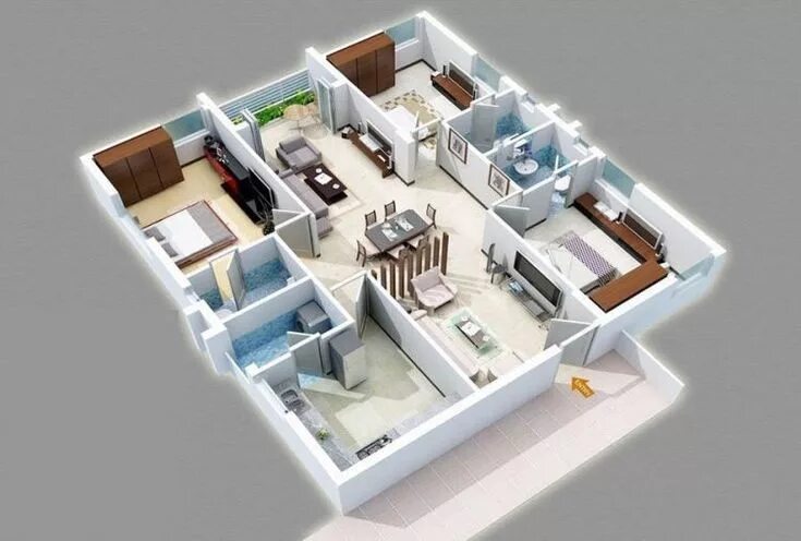 Квартира 3 фото 72+ Contoh Denah Rumah Ruang Tamu Di Tengah Terpopuler Bedroom floor plans, Apar