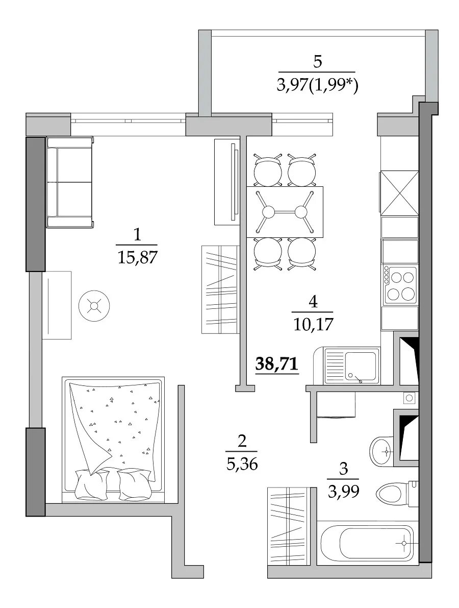 Квартира 38 кв м дизайн планировка 1-ПК, Секция 6, этаж 10, квартира 12 - tairovo-gardens.com.ua