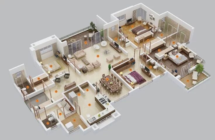 Квартира 4 спальни планировка 50 Four "4" Bedroom Apartment/House Plans - Architecture & Design อ อ ก แ บ บ บ 