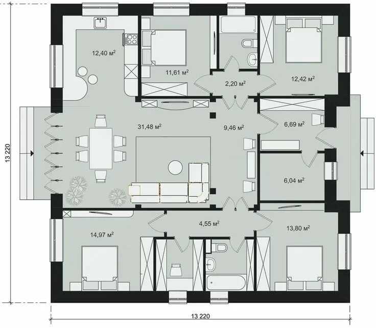 Квартира 4 спальни планировка БАТАЙСК 136 м2 - проект простого квадратного одноэтажного дома 13х14 на 4 спальн