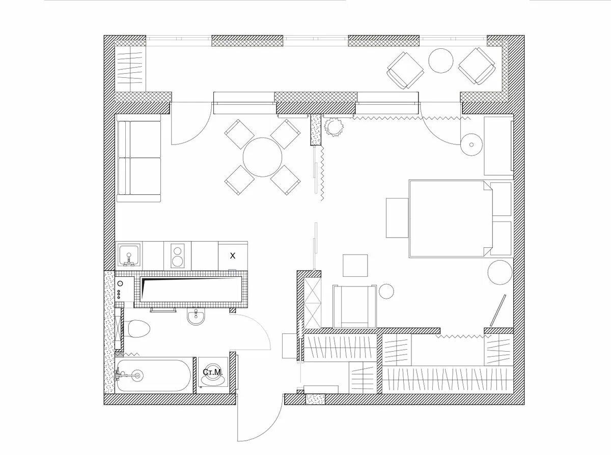 Квартира 50 кв м планировка Квартира с винтажной мебелью 50 м² Интерьер+Дизайн Дзен