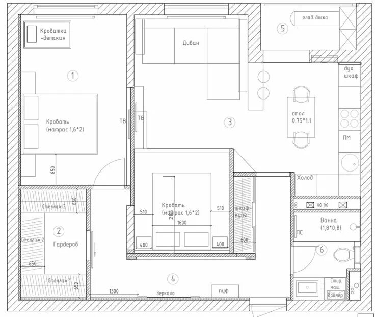 Квартира 65 кв м планировка Дизайн-проект двухкомнатной квартиры 68 кв.м. Студия Дениса Серова