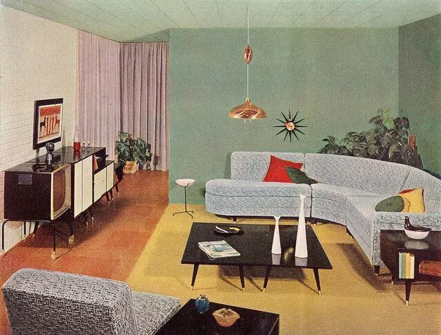 Квартира 80 годов интерьер Linden and Ramona green Mid-century family room from Sherwin-Williams' 1. Mid ce