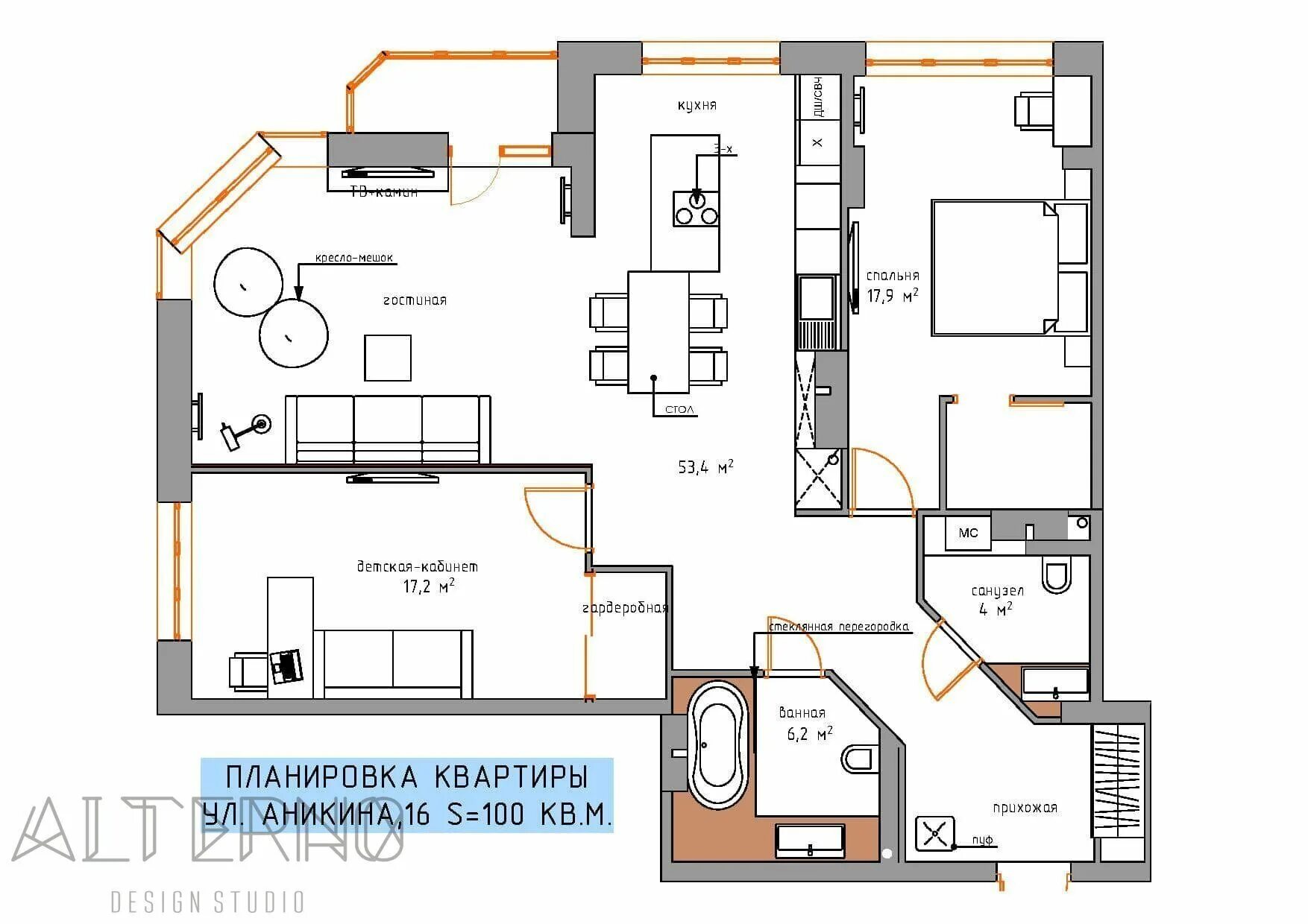 Квартира 90 кв м планировка Квартира для молодого человека S=100 кв.м. ул. Аникина, 16