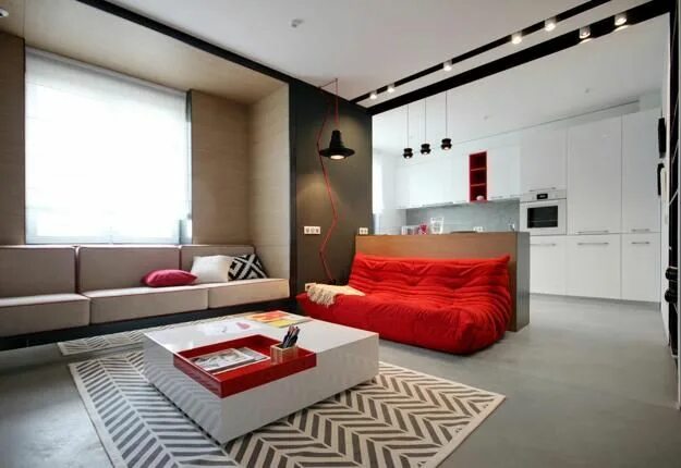 Квартира без интерьера Red Color Accents to Energize Modern Interior Design and Decorating Small apartm