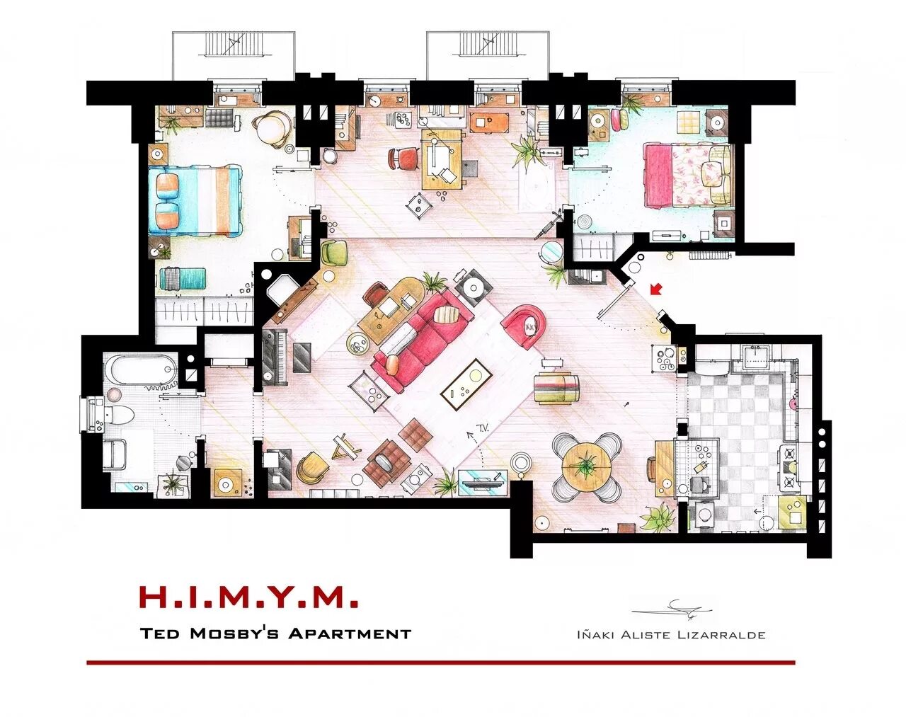 Квартира кэрри планировка Gallery of From Friends to Frasier: 13 Famous TV Shows Rendered in Plan - 17