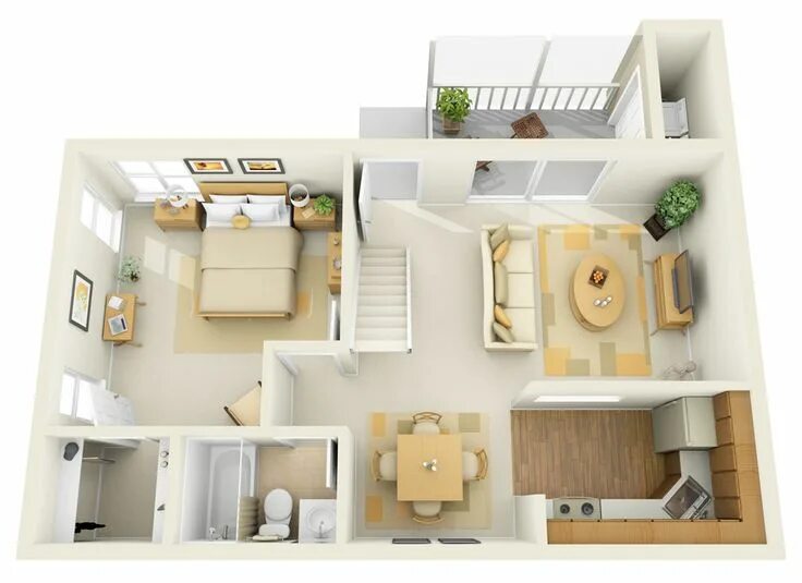 Квартира мечты планировка 1B 1st Floor Townhome - 3D Floor Plan House plans, One bedroom house, House desi