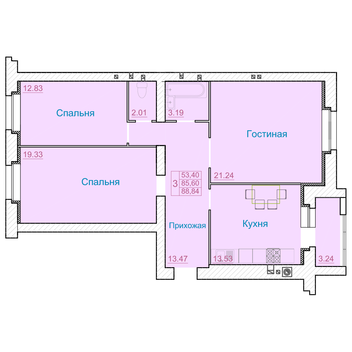 Квартира московской планировки 3 комнаты Квартира 61, кол-во комнат 3, этаж 1, дом 3 ЖК "Вернадский"