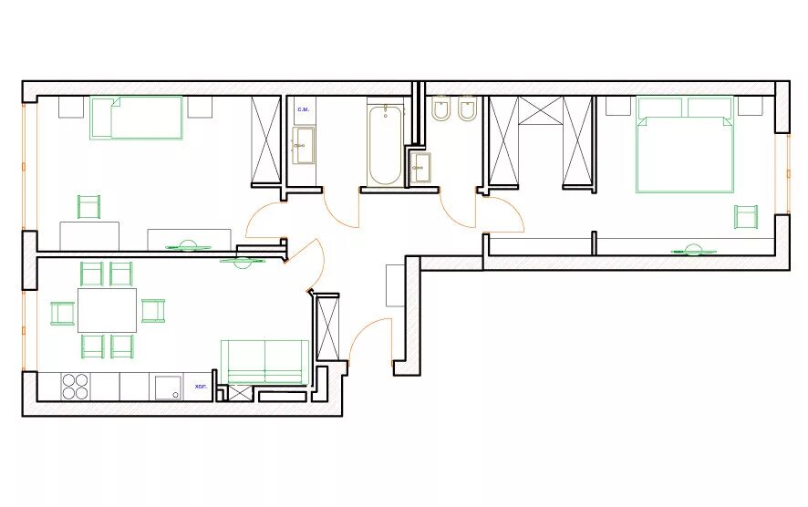 Квартира распашонка 3 комнатная планировка Двушка-распашонка 65 м² с гостиной на кухне в Симферополе Филдс Дзен