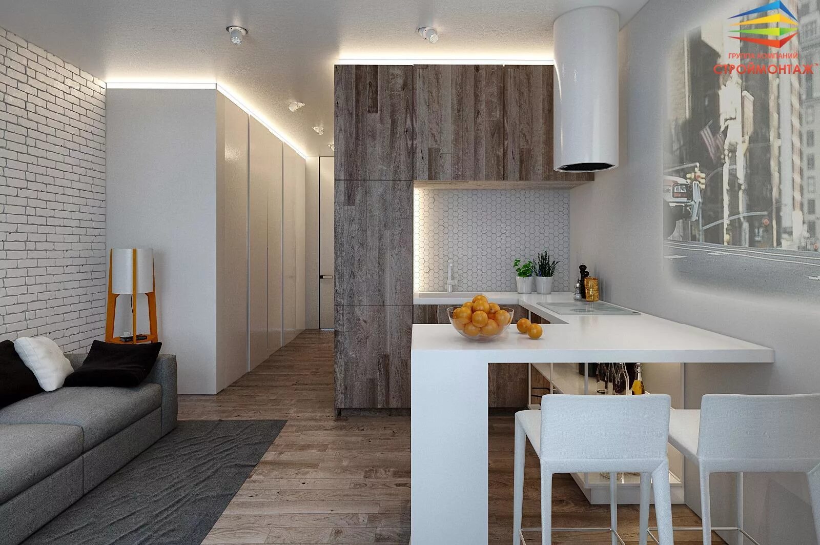 Квартира студия 17 м дизайн Ремонт кухни под ключ, цены в Москве, фото Строймонтаж