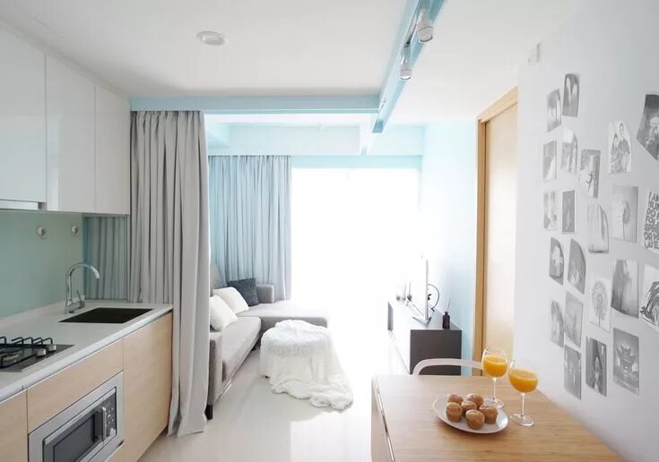 Квартира студия 17 м дизайн Зонирование шторой Wohnungseinrichtung, Kleine wohnungsideen, Einrichtungsideen 