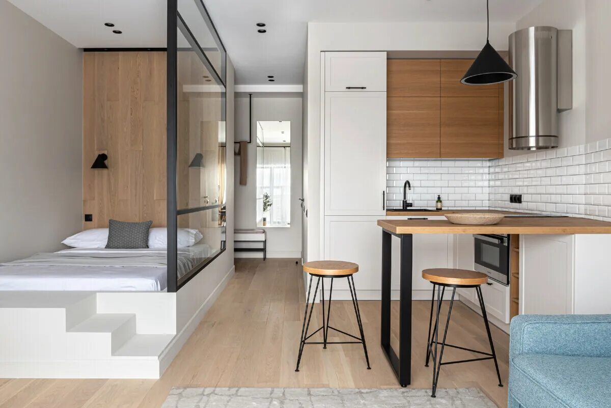 Квартира студия 17 м дизайн Светлые апартаменты 32 кв.м в Москве: "легкий" интерьер с акцентом на практичнос