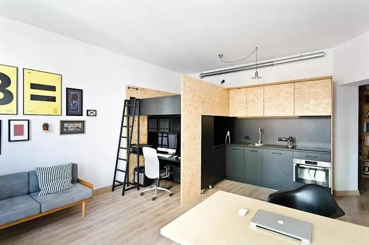 Квартира студия дизайн интерьера фото 20 Departamento pequeño con mueble para dividir espacios Adult loft bed, Apartment 