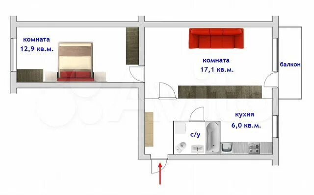 Квартира трамвайчиком планировка 2-к квартира, 44 м², 5/5 эт. на продажу в Альметьевске Купить квартиру Авито