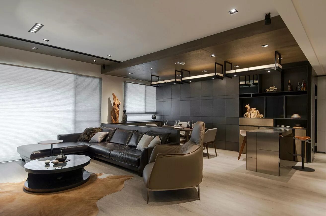 Квартира в мужском стиле Stone and Wood Make a Dark, Masculine Interior Desain rumah, Ide ruang tamu mode