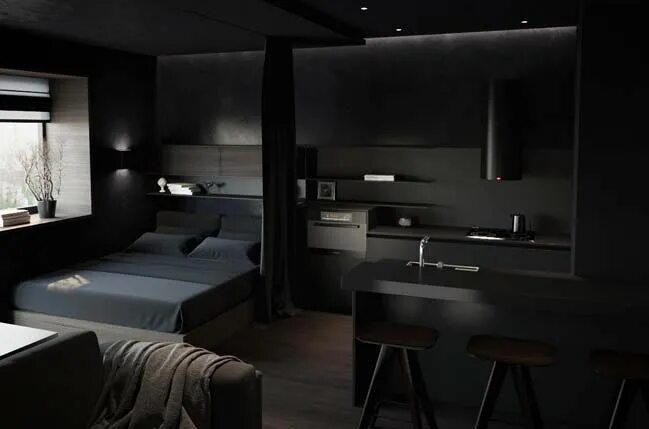 Квартира в мужском стиле Black small apartment that will attract you attention Black bedroom design, Bedr