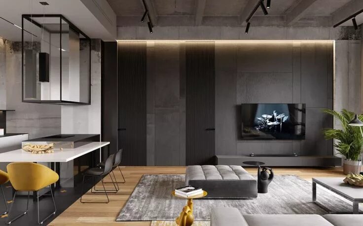 Квартира в стиле современный лофт Un loft sombre et quelques touches de moutarde par Cartelle Design Contemporary 