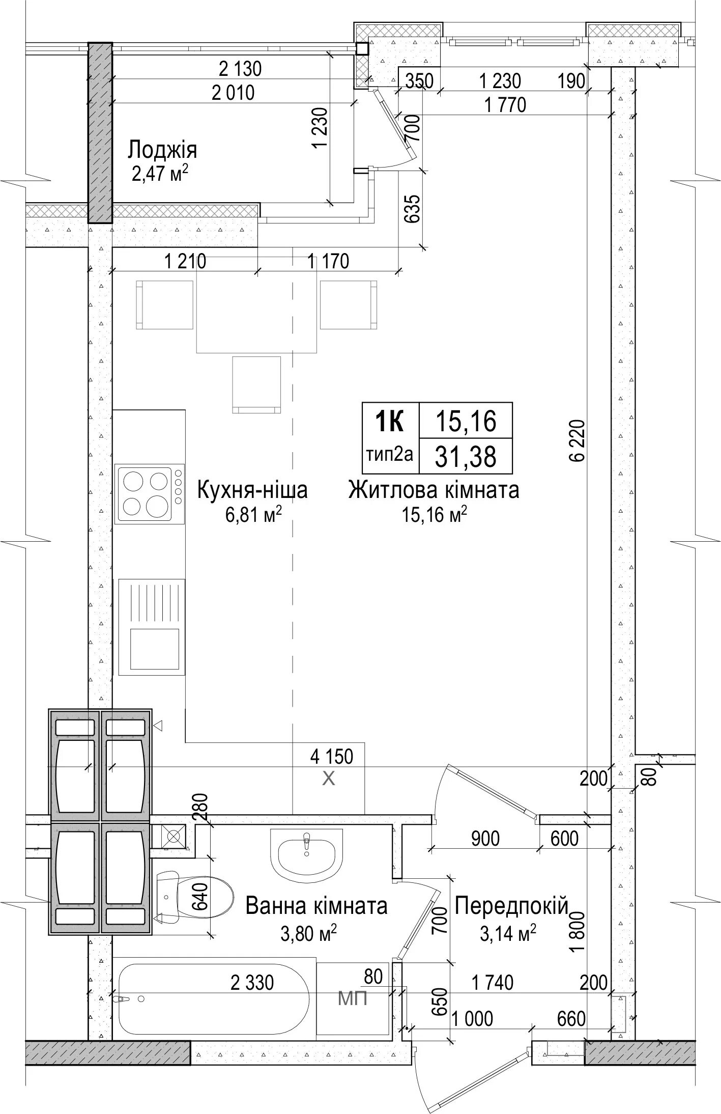 Квартире киевской планировки Планування 31.38 м.кв. - Будинок 1 - ЖК "Атлант на Київській" БК АТЛАНТ