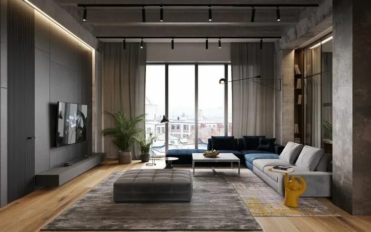 Квартире в стиле лофт дизайн гостиной Un loft sombre et quelques touches de moutarde par Cartelle Design Idées loft, D