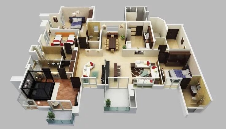 Квартиры фото 4 комнатные 50 Four "4" Bedroom Apartment/House Plans Architecture & Design 4 bedroom house 