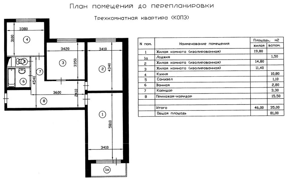 Квартиры копэ планировки План трехкомнатной квартиры дома серии КОПЭ до перепланировки