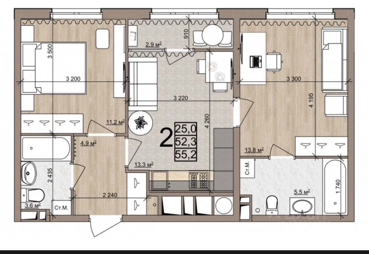 Квартиры купить рязань планировки Купить 3-комнатную квартиру, 56 м² по адресу Рязань, Быстрецкая улица, 19к1, 18 