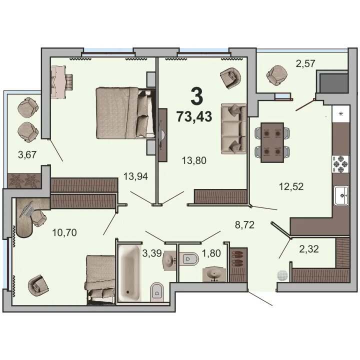 Квартиры купить рязань планировки Купить 3-комнатную квартиру, 73.4 м² по адресу Рязань, Олимпийская деревня м-н, 