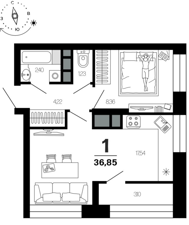 Квартиры купить рязань планировки Купить 1-комнатную квартиру 36,9 м² по адресу Рязань, Московский район, 4-й микр