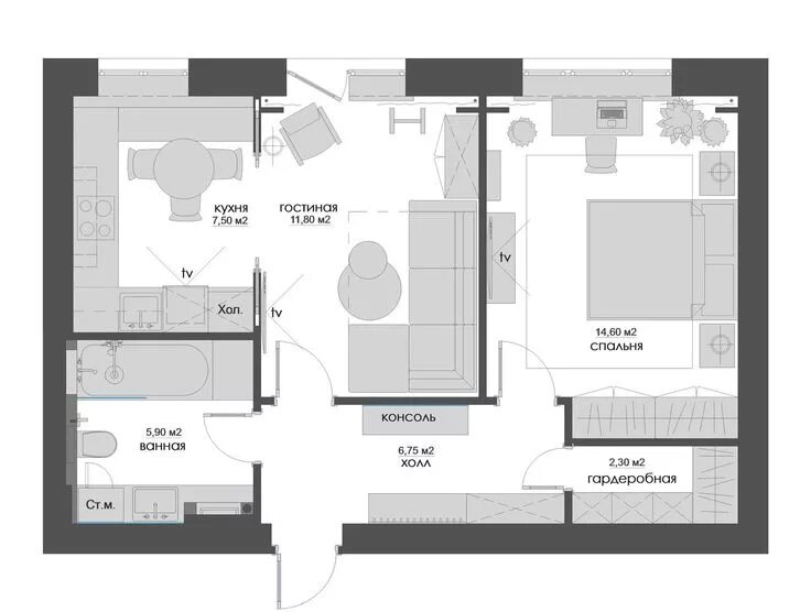 Квартиры с двумя кухнями планировка Светлый интерьер в сталинке: проект двушки рядом с МГУ - INMYROOM Планировки, До